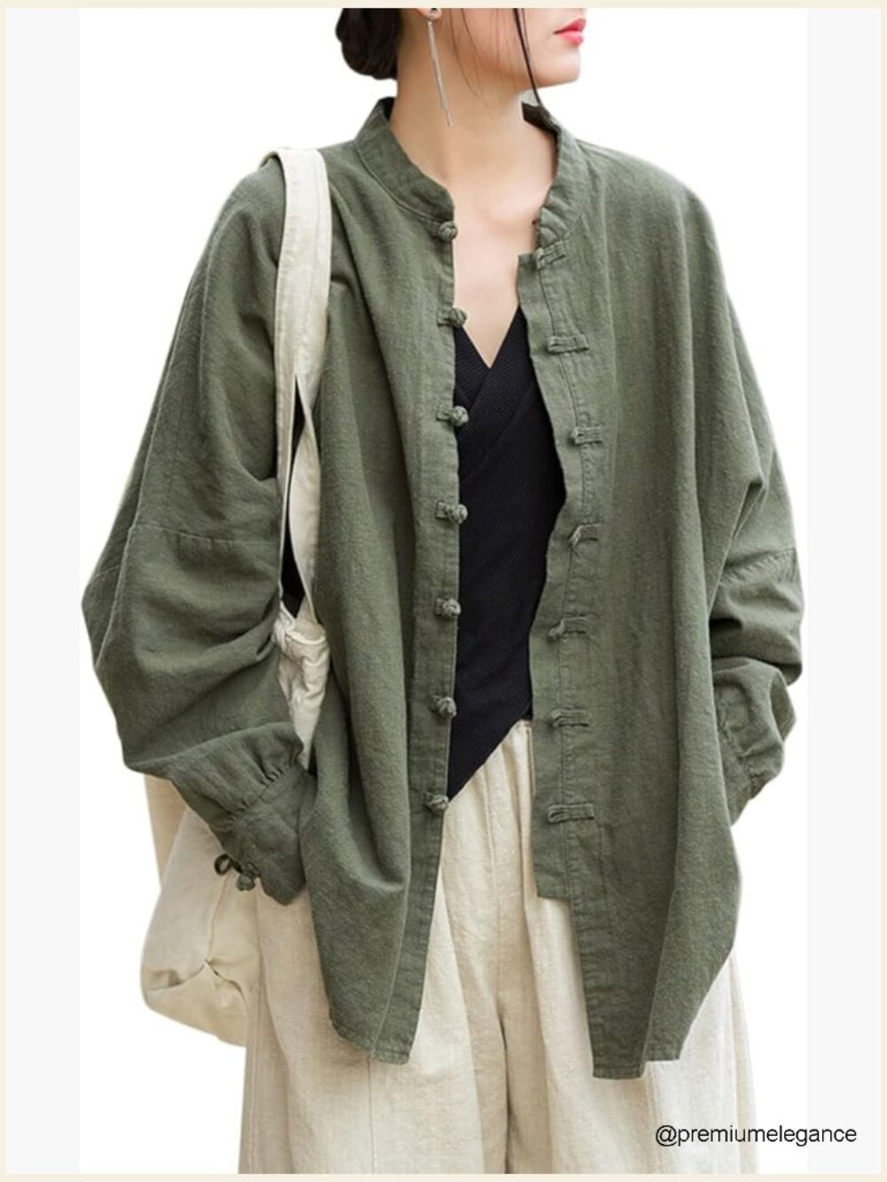 Vintage Linen Oversized Blouse Jacket Long Sleeve Frog Button